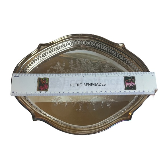 Vanity Or Serving Tray Silver Plate Etched Filigree Oval Primrose Catering Dish - Picture 7 of 12